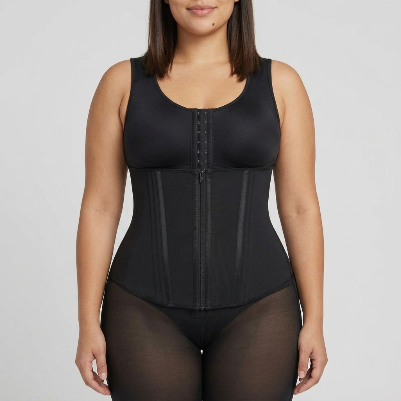 Woman wearing a black waist trainer against a plain background