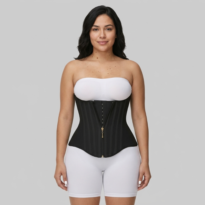 Woman wearing a black waist trainer over a white top and shorts on a gray background