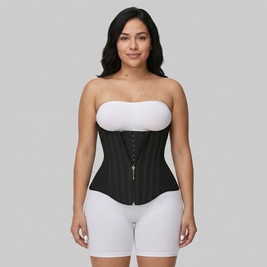 Woman wearing a black waist trainer over a white top and shorts on a gray background
