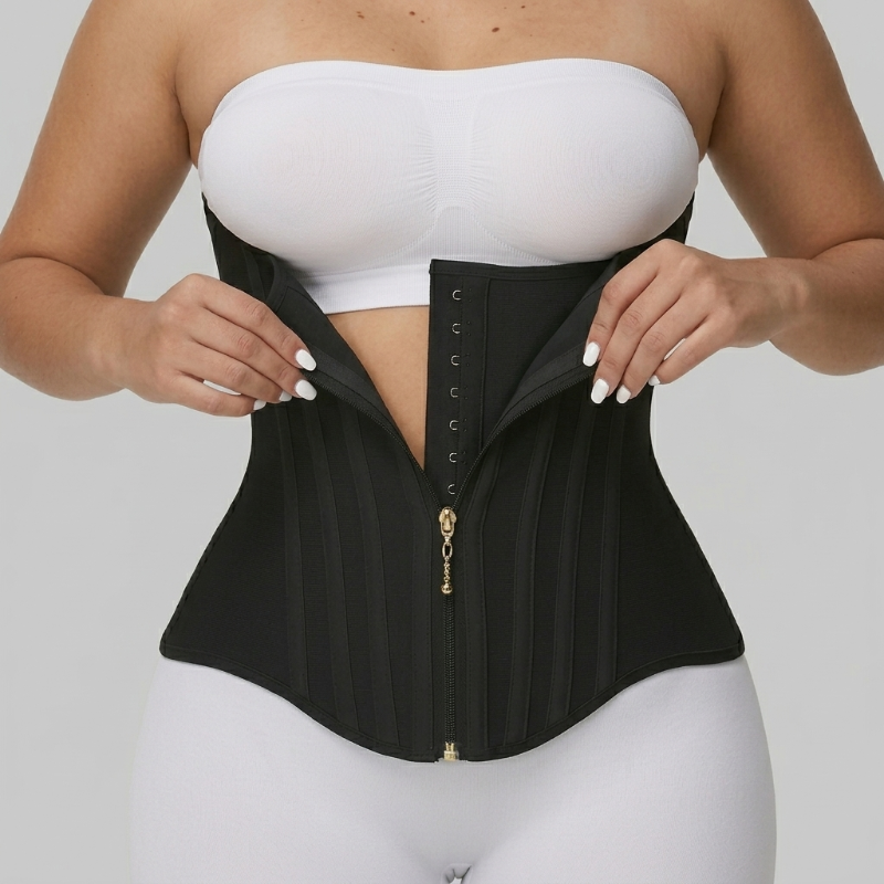 Person wearing a black waist trainer over a white bandeau top and leggings on a gray background