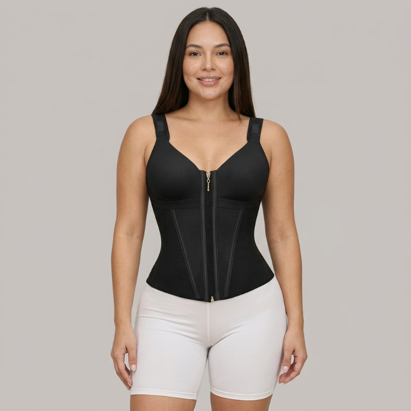 Woman wearing a black waist trainer with a zipper on a gray background