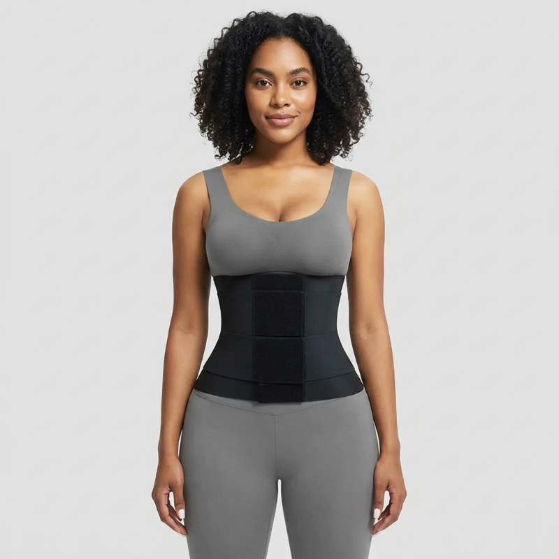 Woman wearing a black waist trainer over a gray tank top and leggings on a light gray background